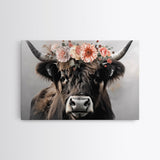 Framed Canvas Wall Art, Cute Cow Wearing Flowers, Farmhouse Decor, Farmhouse Wall At, Extra Large Boho Decor, Modern Art, Minimalist Rustic