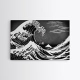 Black and White Wave Canvas Print, Hokusai Inspired Wall Art, Woodblock Print Style, Wall Art, Vintage Style Wall Art