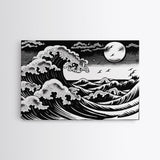 Black and White Wave Canvas Print, Hokusai Inspired Wall Art, Woodblock Print Style, Wall Art, Vintage Style Wall Art