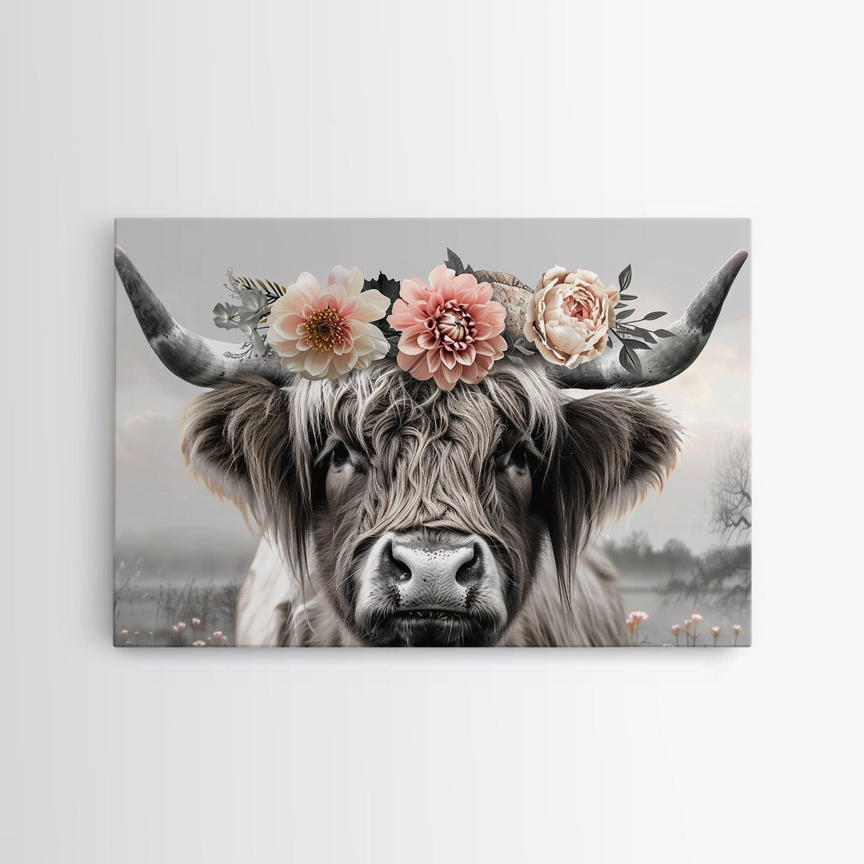Cute Framed Canvas Wall Art, Cute Cow Wearing Flowers, Farmhouse Decor, Farmhouse Wall At, Extra Large Boho Decor, Minimalist Modern Art