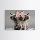 Framed Canvas Print, Cute Highland Cow Wearing A Pink Bowtie, Framed Wall Decor, Rustic Minimalist Farmhouse Decor, Western Art