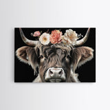 Framed Highland Cow With Flowers Painting canvas print Farmhouse art Cattle Wooden background Country wall art Cow print Rustic Wall Art
