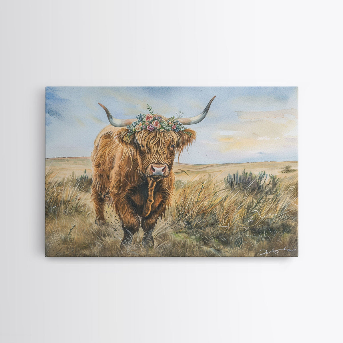Vintage Cow Painting Framed Canvas Print | Retro Country Decor 