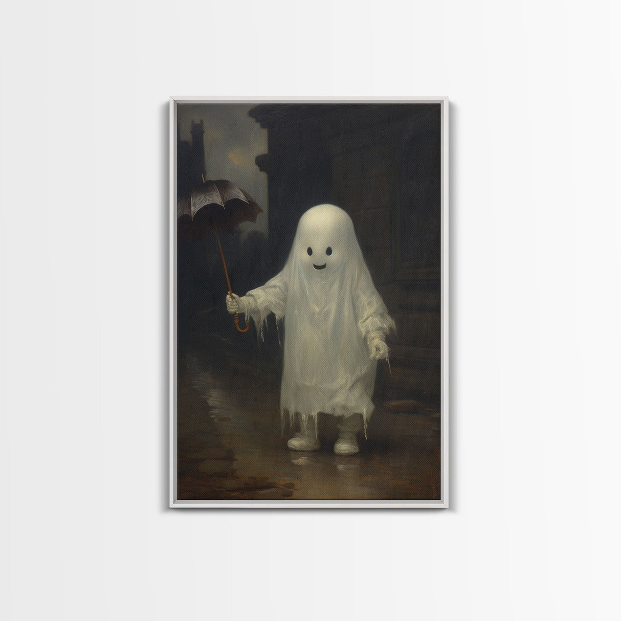 Cute Ghost Painting, Ghost In The Rain, Vintage Canvas, Art Canvas Print, Dark Academia, Haunting Ghost, Cute Halloween Decor