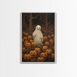 Fall Omens - Spooky Ghost In A Pumpkin Patch, Halloween Decor, Fall Art, Framed Canvas Print, Spooky Halloween Decor