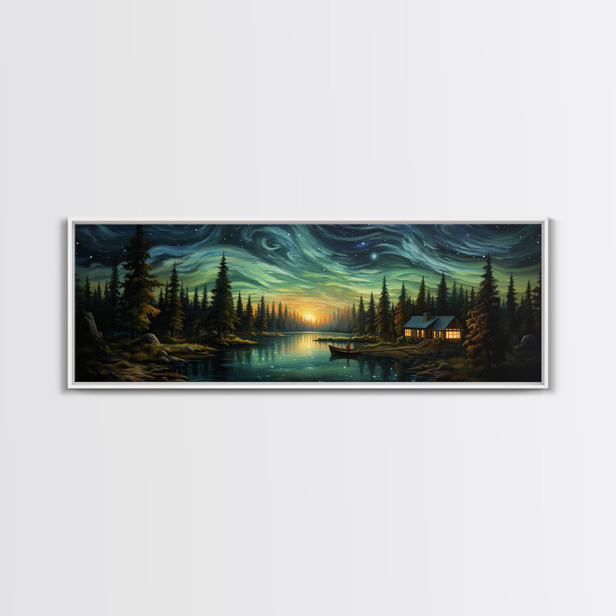 Vah Gogh Inspired Starry Night Farmhouse Painting Framed Canvas Print, Beautiful Minimalist Landscape Painting, Wall Art