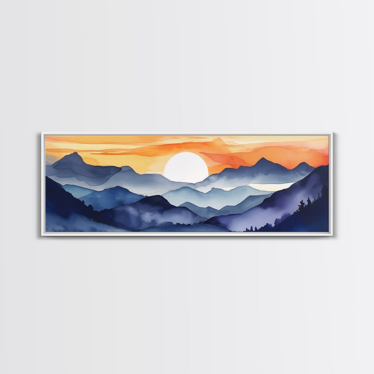 Midcentury Modern Watercolor Painting of a Mountain Sunset, Large Canvas Print, Mountain Artwork, Guest Room Art, Mountain Print, Panoramic