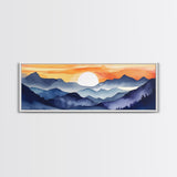 Midcentury Modern Watercolor Painting of a Mountain Sunset, Large Canvas Print, Mountain Artwork, Guest Room Art, Mountain Print, Panoramic