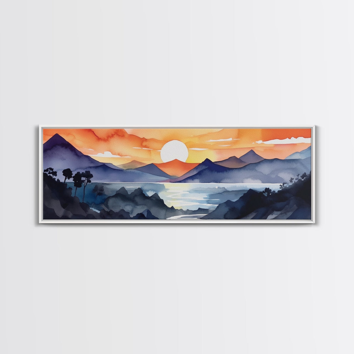Midcentury Modern Watercolor Painting of a Mountain Sunset, Large Canvas Print, Mountain Artwork, Guest Room Art, Mountain Print, Panoramic