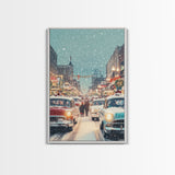 Retro Christmas Parade on Snowy Main Street with Classic Cars and Holiday Decorations, Framed Canvas Print for Christmas Wall Decor