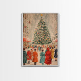 Large Christmas Tree in Snowy Town Square with People Gathering for the Holidays, Framed Canvas Print for Christmas Wall Art