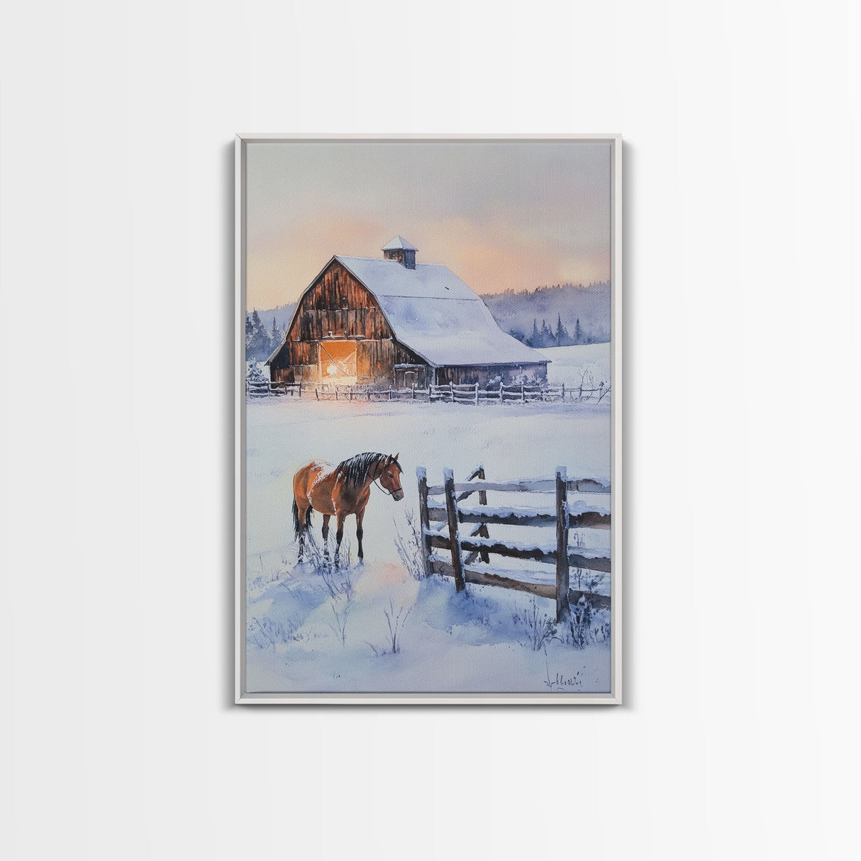 Christmas On The Farm, Winter Wall Art Framed Canvas Print, Gift Idea, Seasonal Decor, Barn Painting, Farmhouse Art