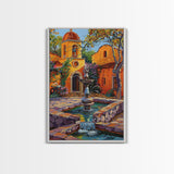 Mexican Style Framed Canvas Print Tall Art Vibrant Outdoor Fountain Scene With Colorful Architecture