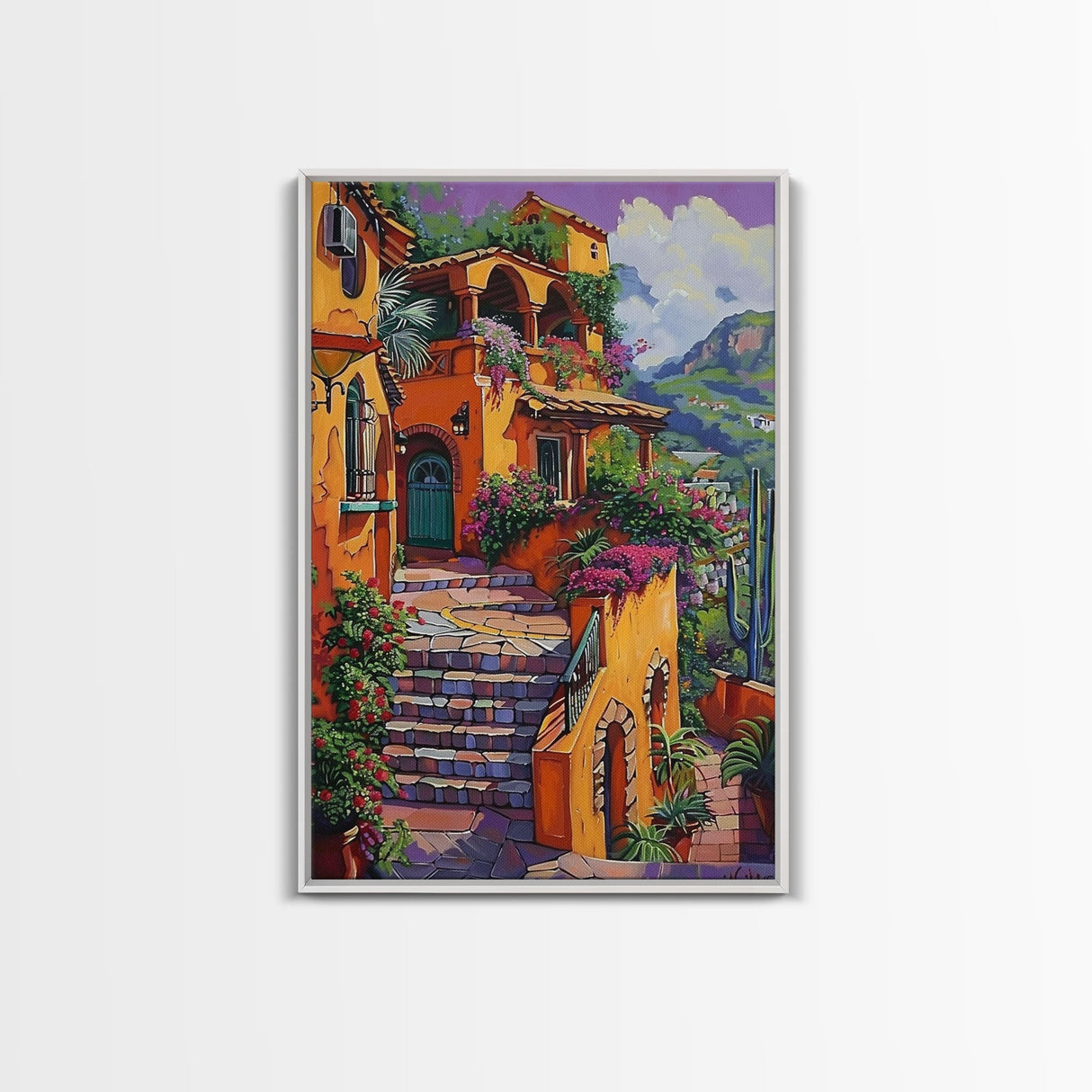 Framed Canvas Print Tall Art Mexican Style Scenic Steps Lined With Colorful Flowers And Architecture