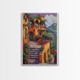 Framed Canvas Print Tall Art Mexican Style Scenic Steps Lined With Colorful Flowers And Architecture