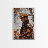 Rustic Cowboy Holiday Art Framed Canvas Print with Falling Leaves, Perfect Autumn Decor and Seasonal Gift Idea 2024