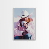 Cowboy with Mug in Snow Framed Canvas Print - Winter Country Scene Art Best 2024 Christmas Wall Decor Gift Idea