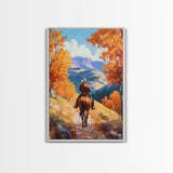 Cowboy Riding Through Autumn Mountains Framed Canvas Print Fall Landscape Art Christmas Decor Seasonal Wall Art Cowboy Christmas Gift Idea