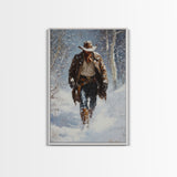 Cowboy Riding Horse in Snowy Forest Canvas Print, Winter Wall Art, Western, Rustic Christmas Wall Art, Seasonal Holiday Decor, Canvas Print