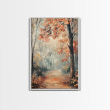 Framed Canvas Print of Foggy Autumn Forest with Red Leaves, Moody Landscape Wall Art, Fall Seasonal Decor, Best Gift Idea, Modern Farmhouse