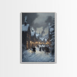 Traditional Victorian Christmas Village in Snow, Classic Christmas Wall Decor for Winter Wonderland Theme, Framed Canvas Print