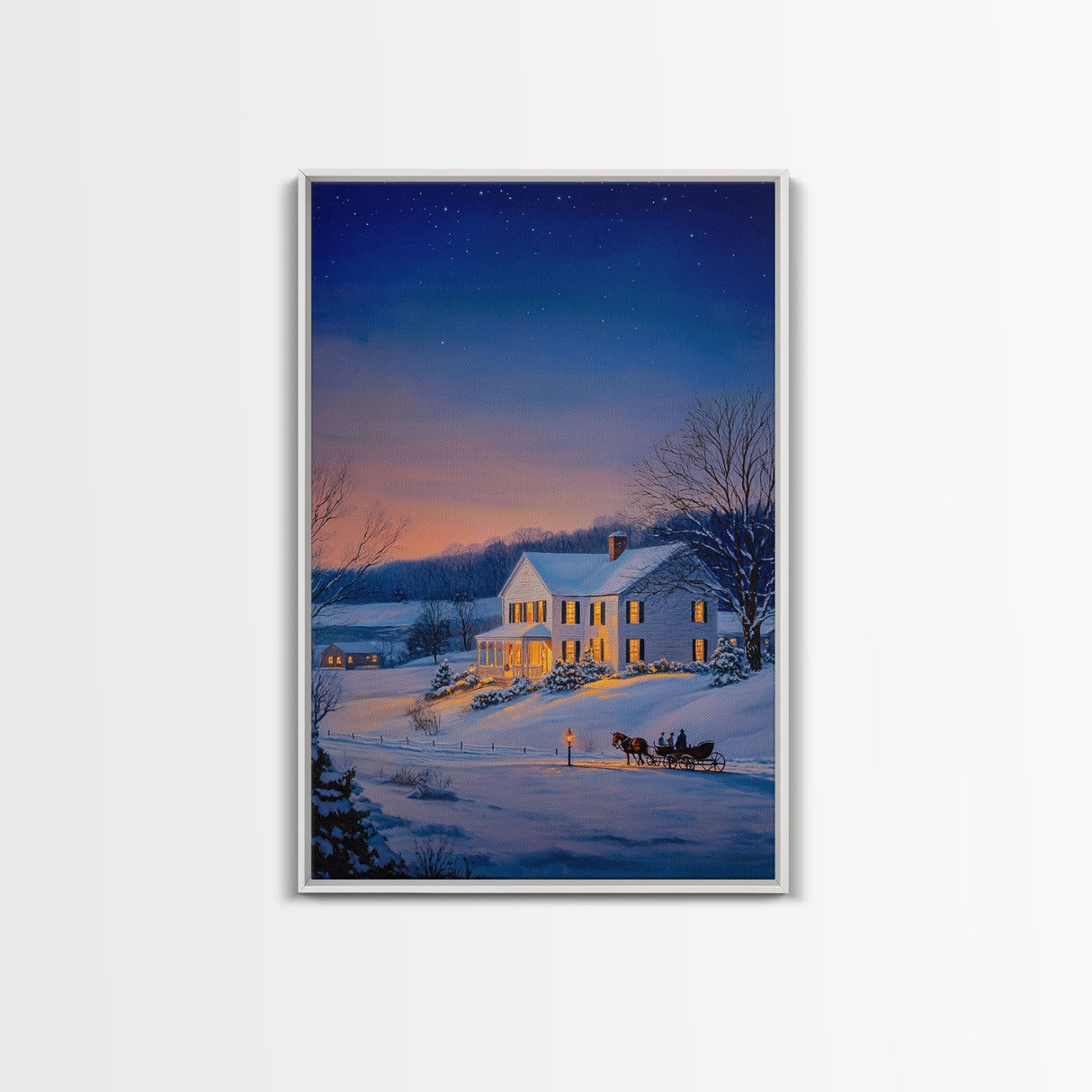 Cozy Snowy House Winter Landscape Framed Canvas Print Wall Art Christmas Decor, Country Christmas Art Gift, Winter Wonderland Art