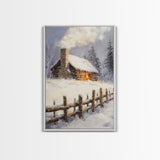 Rustic Cabin In Snow Framed Canvas Print Wall Art Christmas Home Decor, Winter Landscape Art, Cozy Winter Cabin Scene
