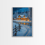 Warm Log Cabin In Snow Framed Canvas Print Wall Art Winter Holiday Decor, Country Christmas Art Gift, Rustic Winter Wonderland Art