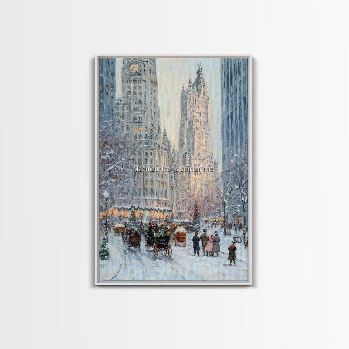 Historical City Winter Framed Canvas Print, Snowy Urban Landscape with Carriages and Victorian Architecture, Elegant Christmas Wall Art