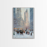 Historical City Winter Framed Canvas Print, Snowy Urban Landscape with Carriages and Victorian Architecture, Elegant Christmas Wall Art