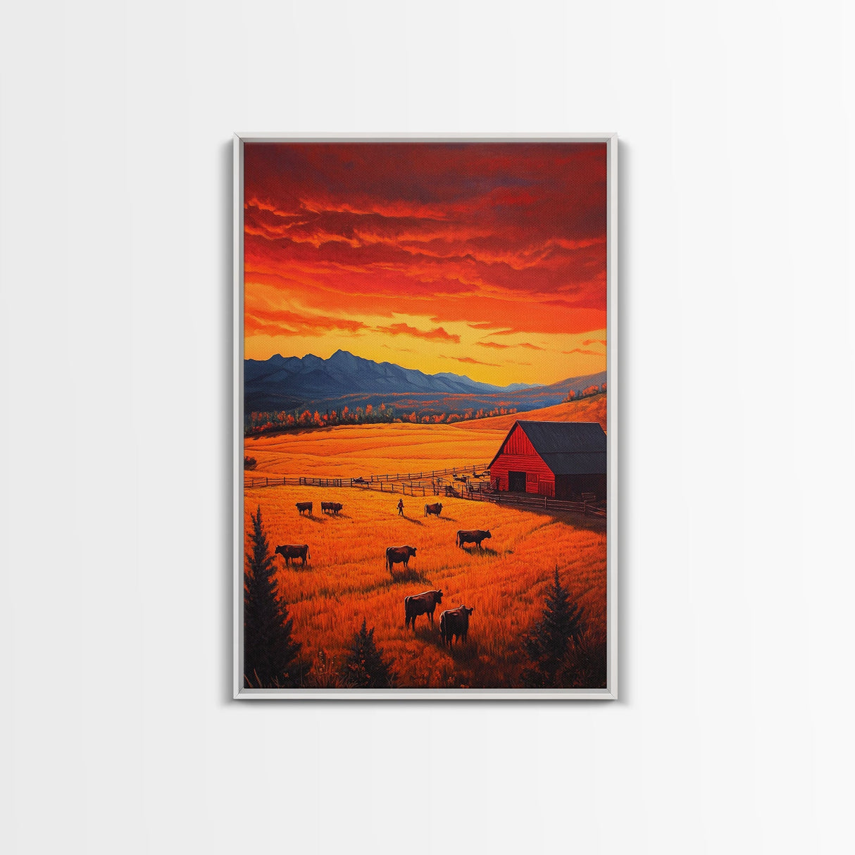 Golden Fields and Barn Framed Canvas Print, Pastoral Landscape with Mountains Grazing Cows, Rustic Fall Wall Art Farmhouse Ranch Style Decor