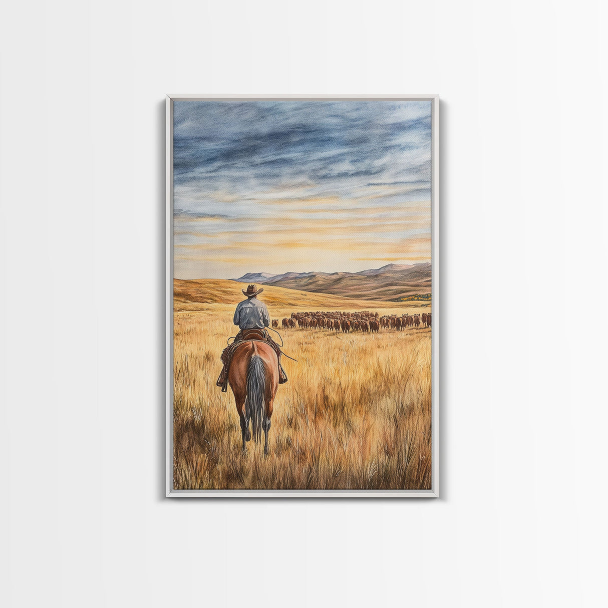 Cowboy leading cattle across golden prairie, Framed Canvas Print, western landscape wall art for rustic farmhouse decor, gift idea holiday