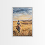 Cowboy leading cattle across golden prairie, Framed Canvas Print, western landscape wall art for rustic farmhouse decor, gift idea holiday
