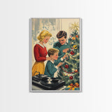 Mid-Century Family Christmas Celebration with Turntable and Christmas Tree, Retro Holiday Wall Art, Framed Canvas Print