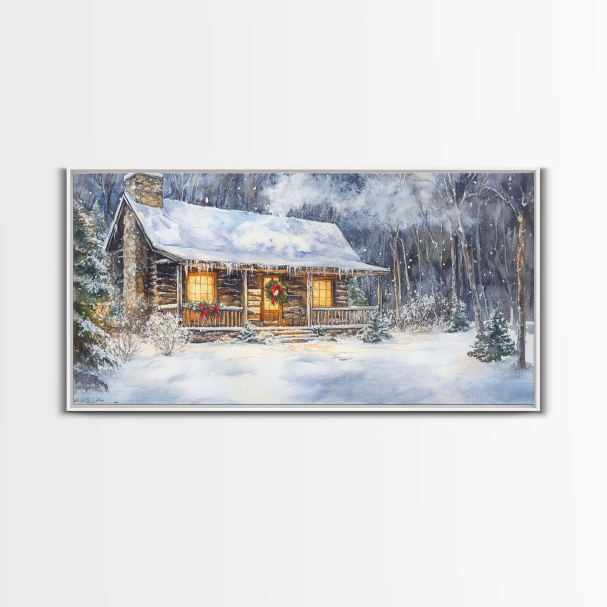 Snowy cabin Christmas decor, winter wonderland wall art, rustic farmhouse Christmas print, cozy country home decor, framed canvas print