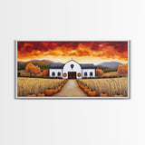 Autumn pumpkin farm with barn, canvas print, fall farmhouse decor, rustic autumn home decor, cozy fall harvest wall art for seasonal display