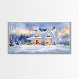 Cozy Winter House with Snowy Landscape, Christmas Decor, Framed Canvas Print, Farmhouse Christmas Decor, Seasonal Wall Art, Gift Idea