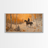 Cowboy riding horse through deep snow in a winter storm, Framed Canvas Print, dynamic winter wall art, rustic western home decor