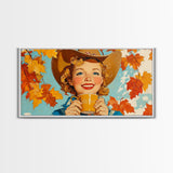 Cowgirl Having A Cup Of Joe, Framed Canvas Print, Farmhouse / Western Rustic Charm, Seasonal Art Piece to Warm Up Your Home Decor This Fall