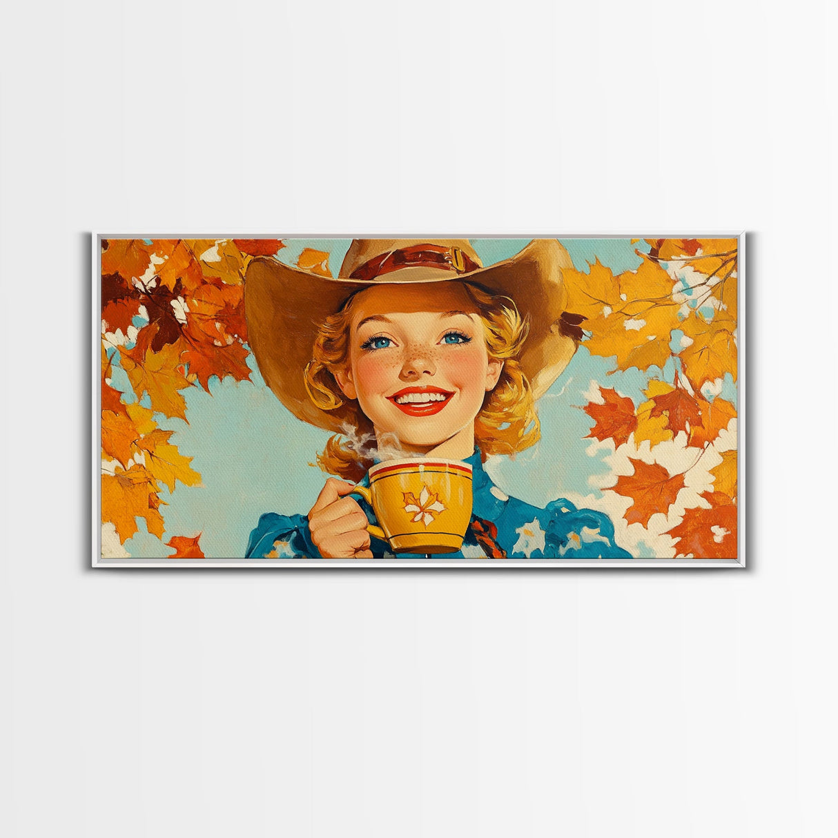 Happy Cowgirl Enjoying Hot Cocoa, Framed Canvas Print, Cute Fall Decor, Rustic Farmhouse Wall Art, Retro Style Trendy Autumn Decor