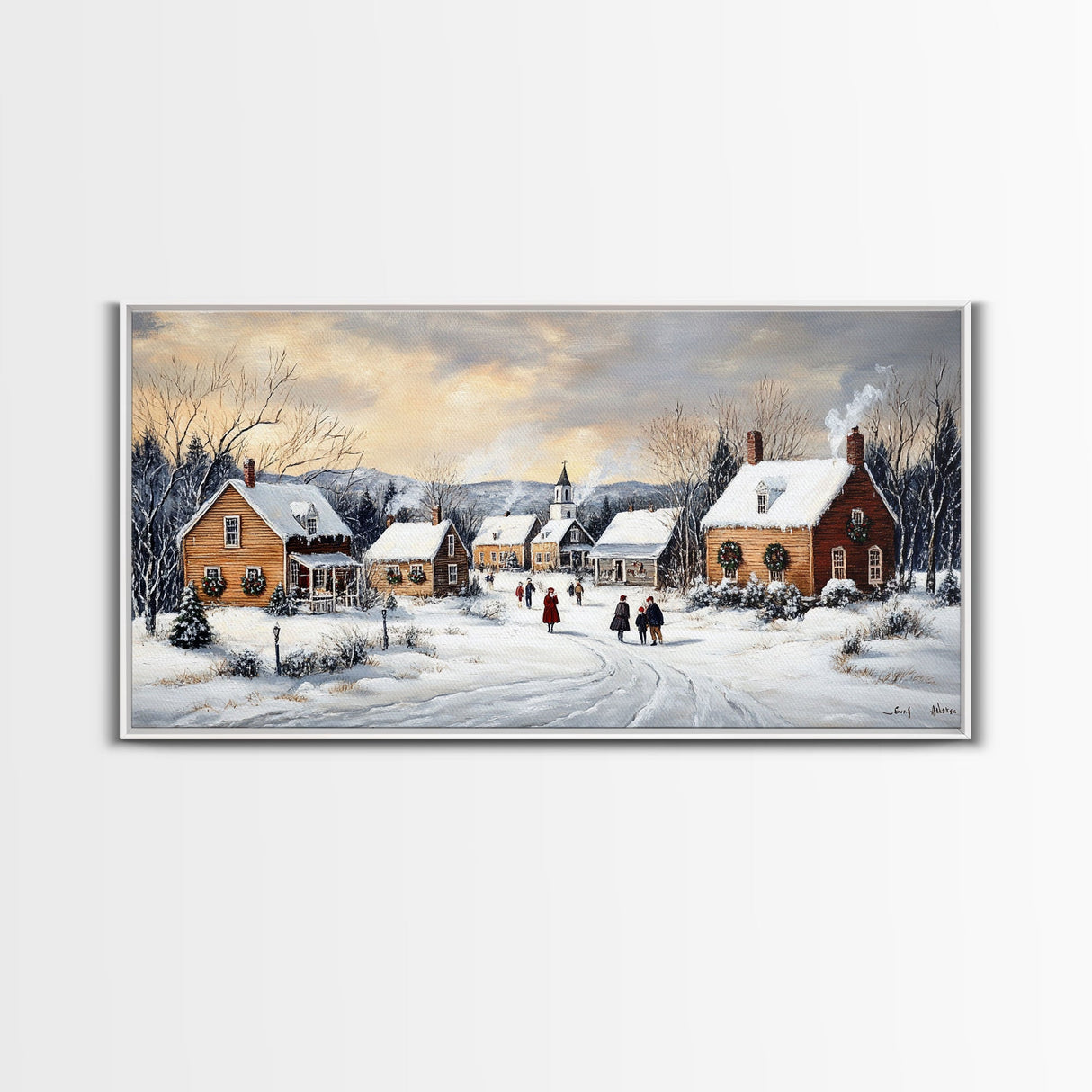 Snowy Village Church Scene, Rustic Christmas Landscape Wall Art, Winter Wonderland Framed Canvas Print, Country Holiday Home Decor