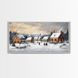 Snowy Village Church Scene, Rustic Christmas Landscape Wall Art, Winter Wonderland Framed Canvas Print, Country Holiday Home Decor