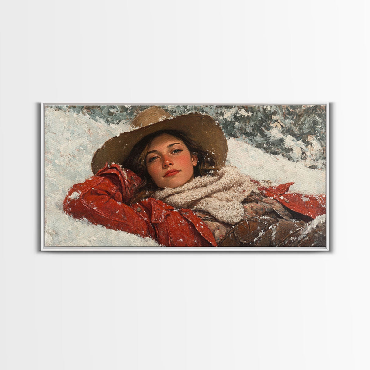 Cowgirl Laying In The Snow Framed Canvas Print, Cute Rustic Decor, Cowgirl Portrait Painting, Winter Wall Art