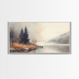 Fall On The River, Framed Canvas Print, Beautiful Watercolor Painting Of an Autumn Landscape, Ready To Hang Seasonal Decor
