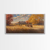 Horseback Riders In Autumn Near Barn, Rustic Fall Wall Art, Cozy Farmhouse Decor Framed Canvas Print, Harvest Time Country Art