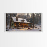Cozy Christmas Cabin in Woods Framed Canvas Print - Rustic Christmas Decor and Winter Wonderland Scene with Holiday Wall Art