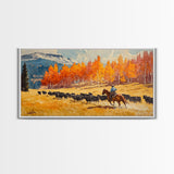 Cowboy Herding Cattle Under Mountains Framed Canvas Print Tall Art Autumn Country Landscape Fall Decor Western Wall Art Farmhouse Gift Idea