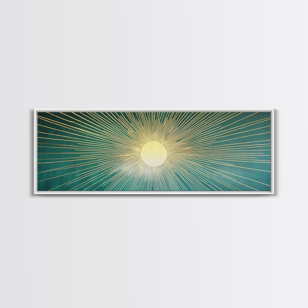Eclectic Art Deco Sunburst Framed Canvas Print, Boho Style Wall Art, Emerald Green and Gold Extra Wide Art