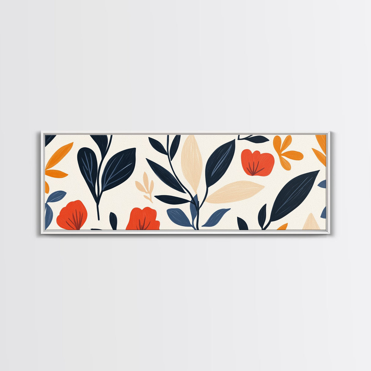 MCM Floral Print, Framed Canvas Art With Wood Frame, Over Sized Extra Wide Art For Above Sofa, Blue flowers on Black Background