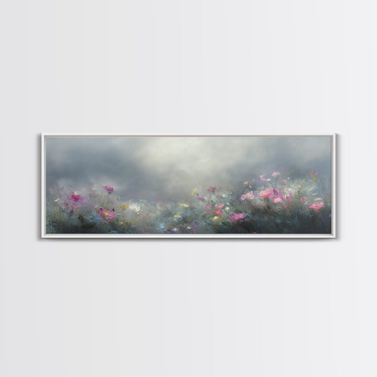 Moody Wild Flowers Under a Cloudy Sky, Panoramic Framed Canvas Print, Nature Decor, Boho Floral Wall Art, Flower Painting Gift For Her